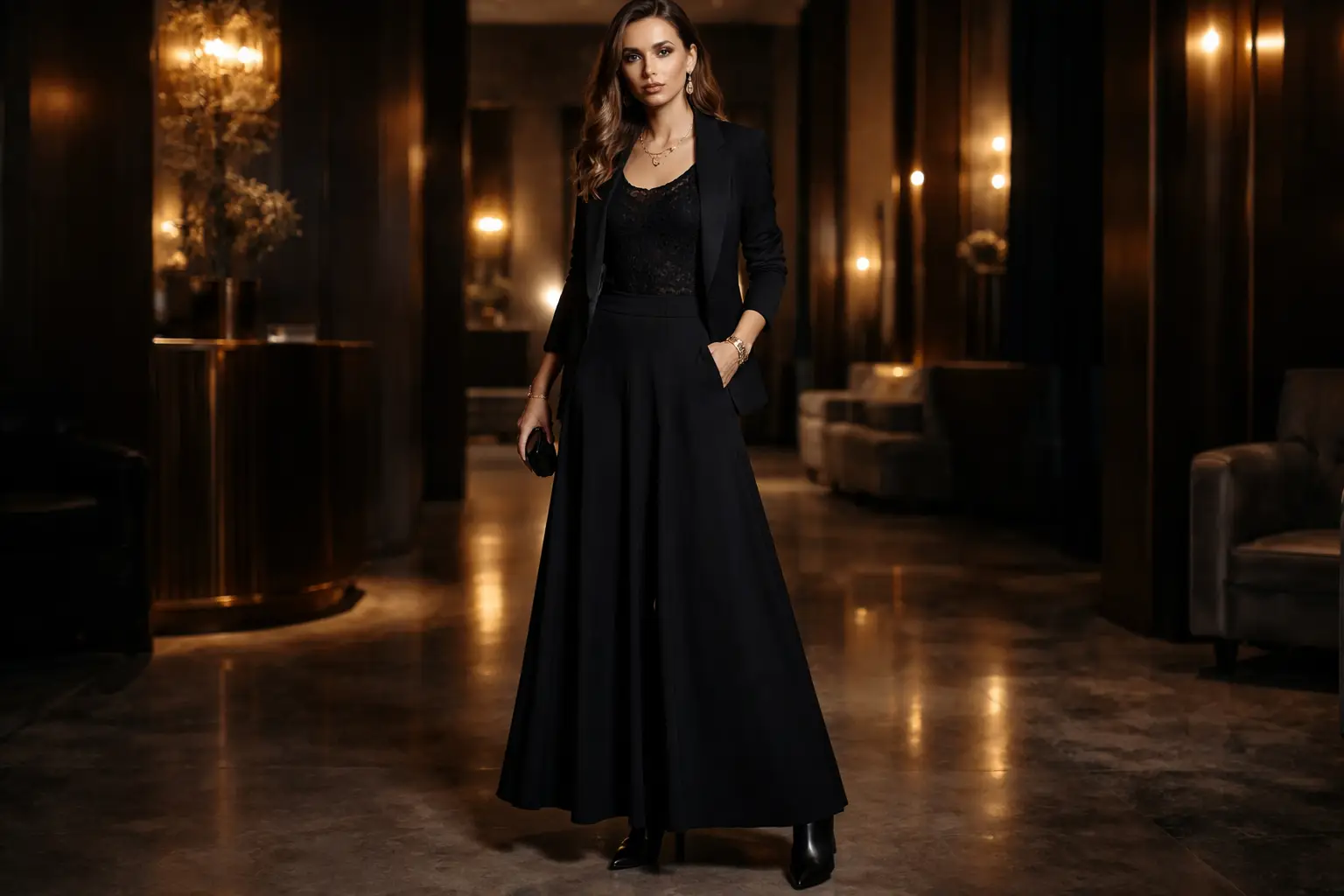 Black Maxi Skirt With a Lace-Knit Top and Tailored Jacket