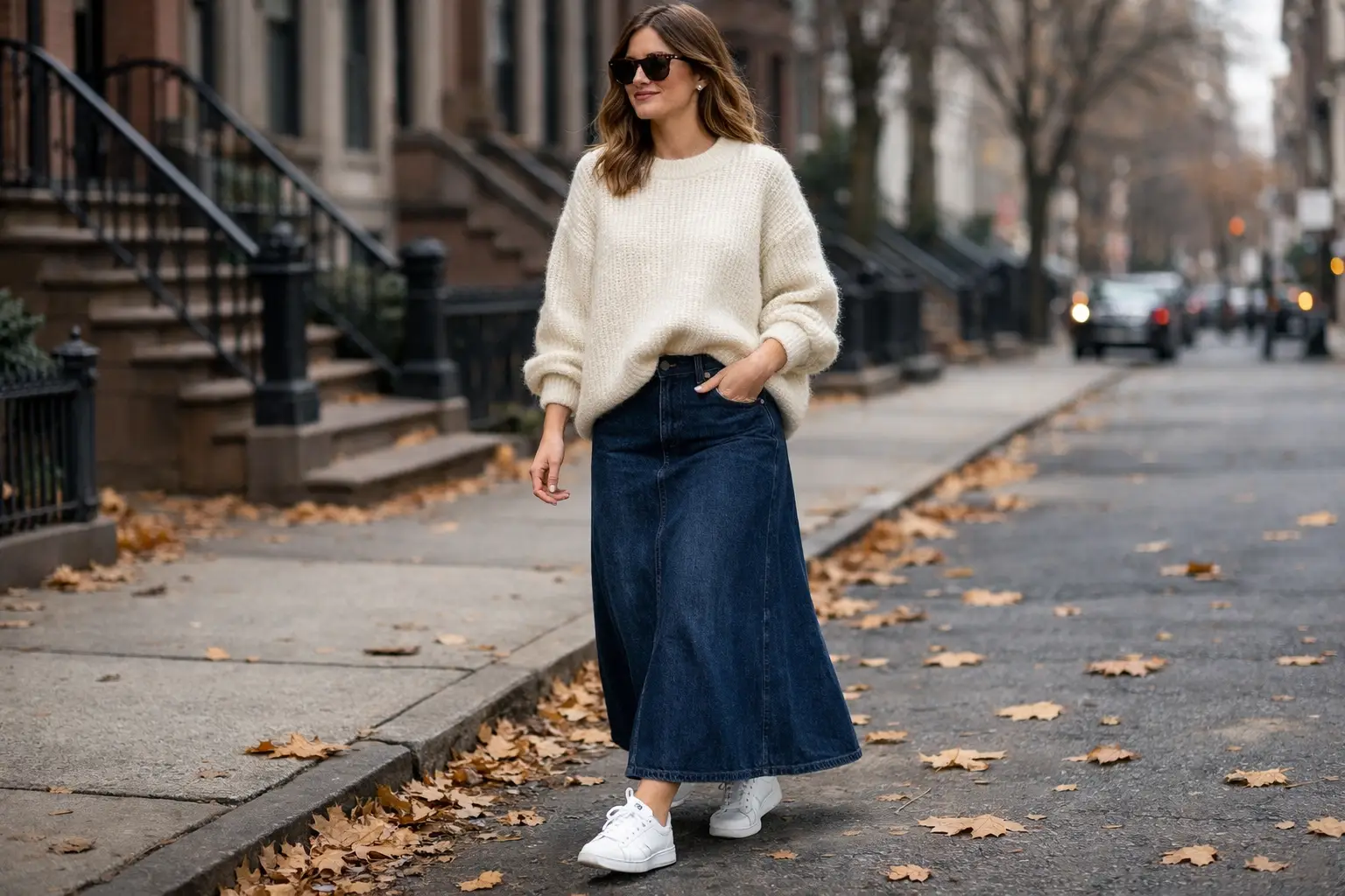 Long Denim Skirt With an Oversized Knit and Sneakers
