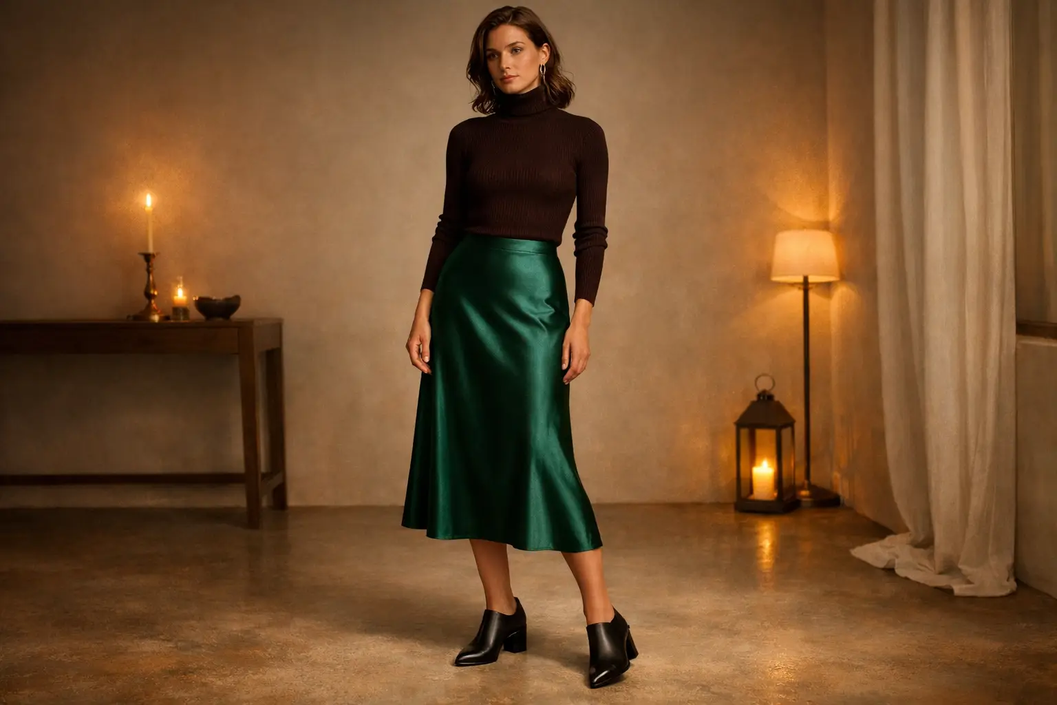 Satin Midi Skirt With a Ribbed Turtleneck