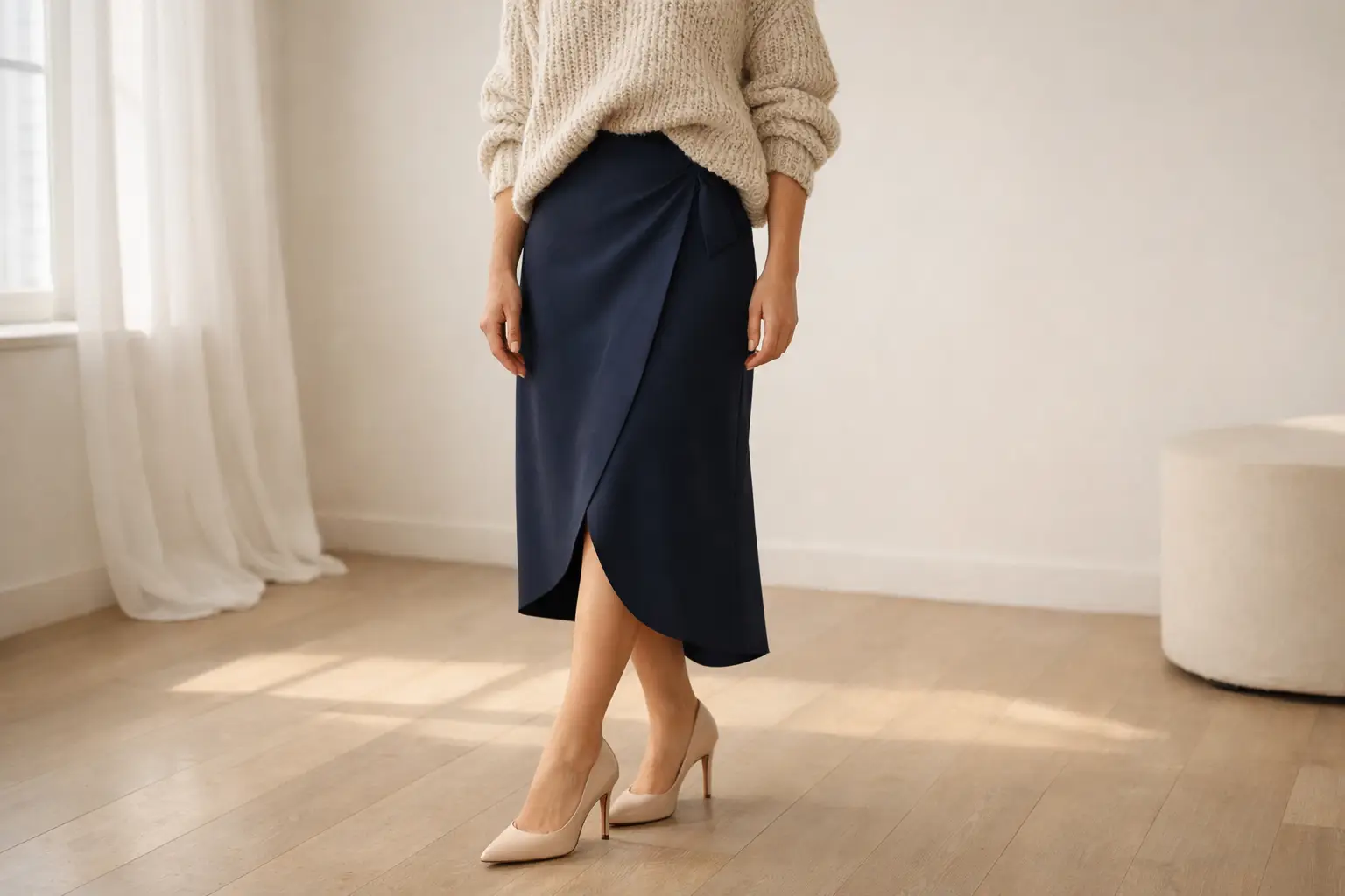 Wrap Skirt With Pointed Pumps and a Chunky Knit